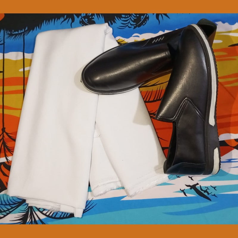 Loafers Leather Shoes (Black) - Slip-On + White Fabric For Shirt
