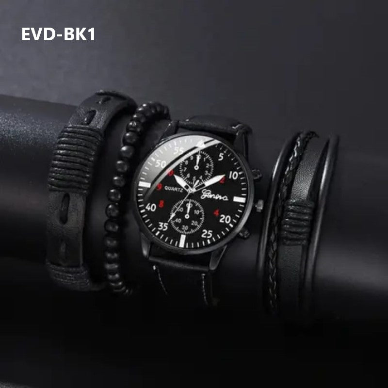 Men's Leather Bracelet and Watch Gift Set New Fashion Jewelry