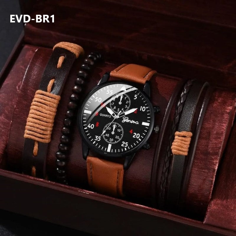 Men's Leather Bracelet and Watch Gift Set New Fashion Jewelry