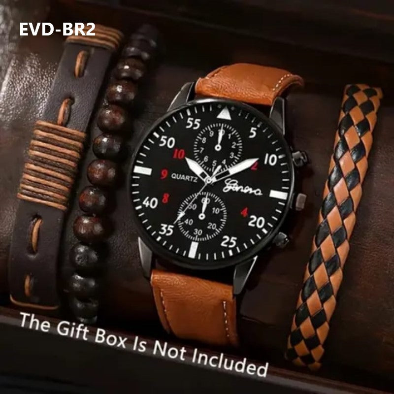 Men's Leather Bracelet and Watch Gift Set New Fashion Jewelry